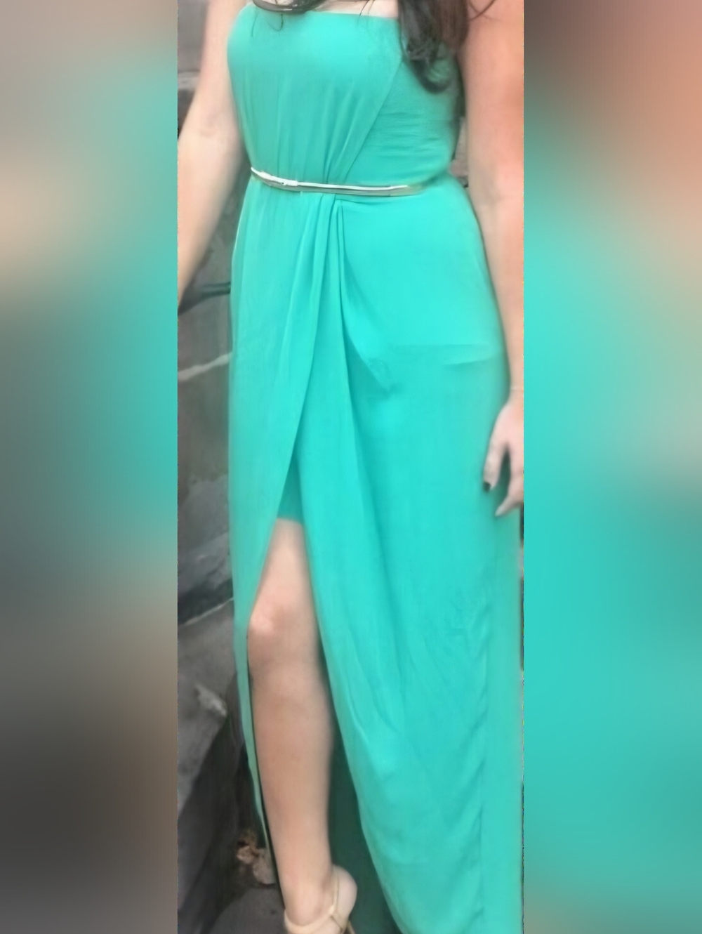 BCBG Teal High-Low Strapless Maxi Dress with Front Slit